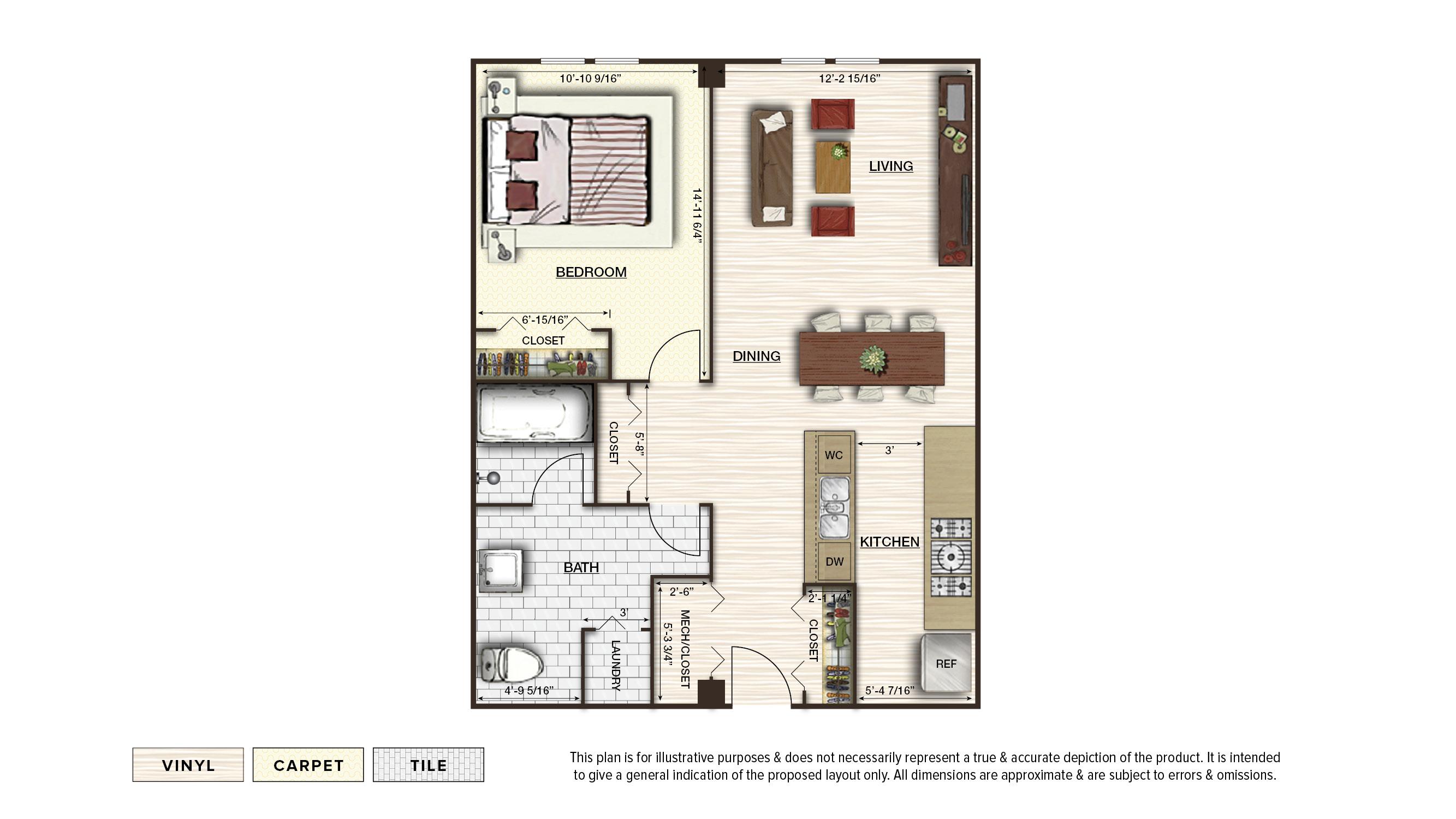 The Apex 1 apartment floor plan with 1 bedroom and 1 bath